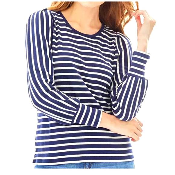 Jones New York Womens Navy White Stripe Long Puff Sleeve Round Neck Cotton Top M - Picture 1 of 12